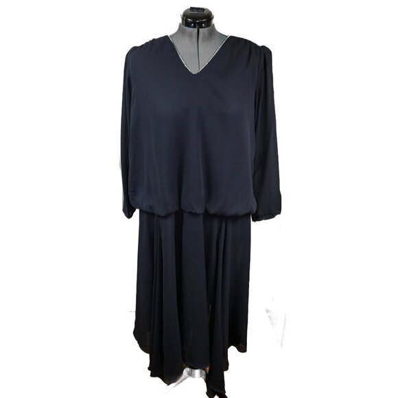 VTG CHEZ OF CALIFORNIA SZ 18 W Black Maxi Dress Drop Waist Chiffon Jeweled Plus - Picture 6 of 6
